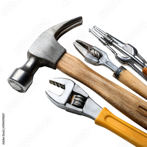Hand tools set with hammer pliers wrench isolated on white background professional equipment