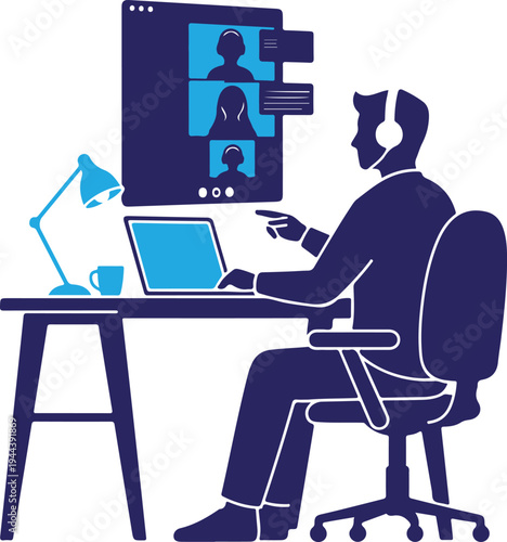 Silhouette of a man working on laptop isolated on transparent background