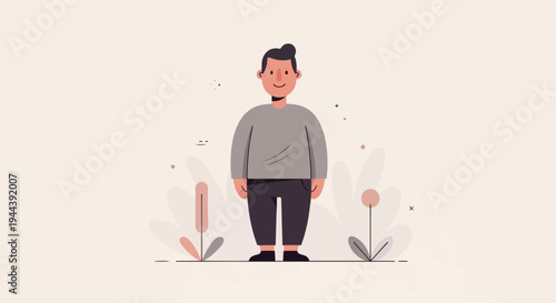 A minimalist illustration of a smiling person standing amidst abstract floral elements and subtle decorative shapes