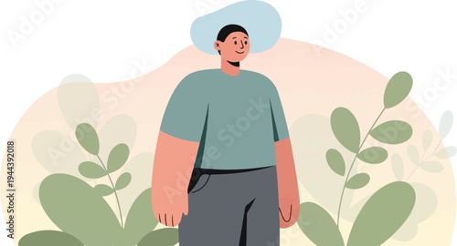 A stylized depiction of a person in a hat amidst abstract foliage and soft, blended shapes