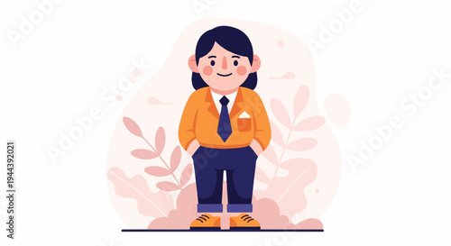 A cartoon character in a business suit, with a tie and pocket square, stands against a soft pink floral background