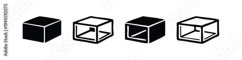 Abstract Cube and Box Frame Icon Set in Black and White Vector Art