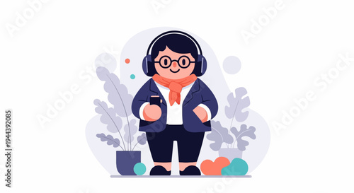 A person with headphones and a scarf holds a phone, surrounded by plants and abstract shapes