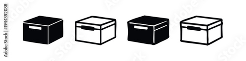 Storage Bin or Packaging Box Icon Set with Handle in Black and White