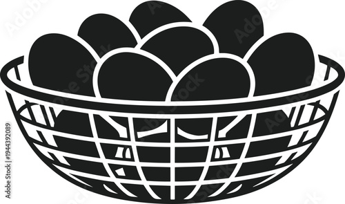 Black silhouette of a woven basket overflowing with eggs white
