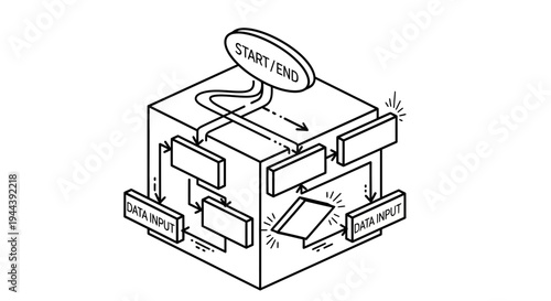 3D Flowchart Cube with Start/End and Data Input Boxes, Business Process Concept