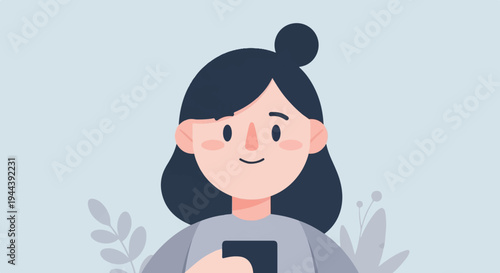 Flat illustration of a young person with dark hair in a bun, holding a phone