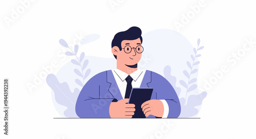 A smiling person in a suit and glasses holding a tablet, with abstract plants in the background