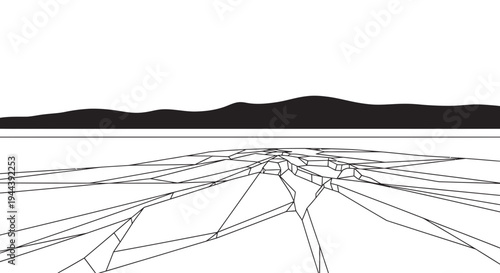 Abstract Cracked Ground Landscape with Distant Hills and Horizon Line