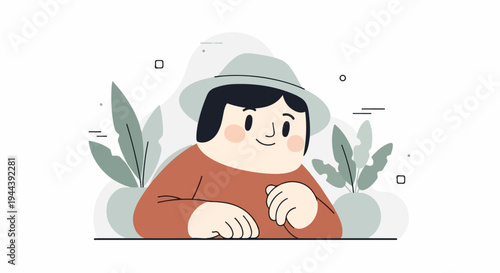 A person in a hat sits amidst plants, with abstract shapes in the background