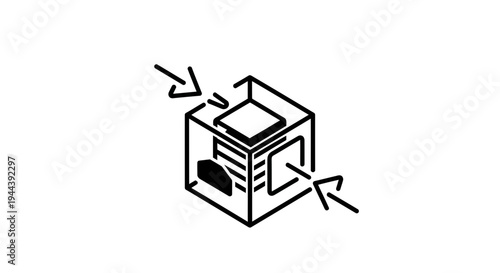 Abstract cube with arrows indicating compression or input, representing data processing, storage, or analysis.