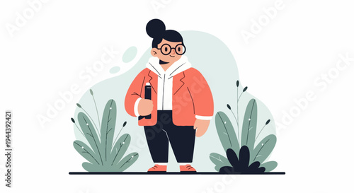 Stylized illustration of a person with round glasses holding a dark cylindrical object amidst foliage