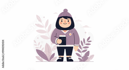 Cheerful character in winter attire holding a dark beverage amidst floral and celestial elements