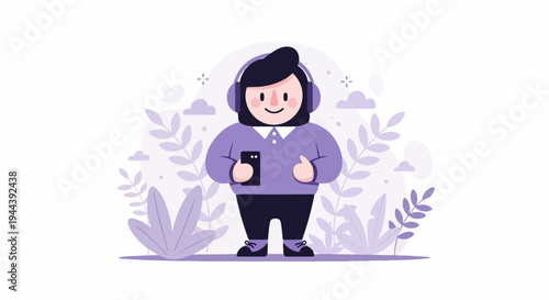 Cheerful character with headphones enjoys music on their phone amidst abstract flora and clouds