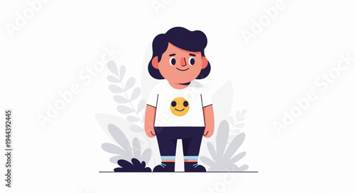 A stylized, smiling child with dark hair, wearing a t-shirt with a yellow smiley face and blue pants, stands among gray leaves