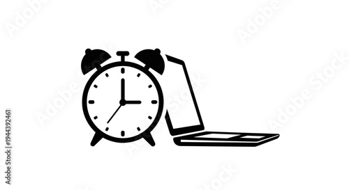 Alarm Clock and Laptop Icon: Time Management, Productivity, Deadline, Business Concept