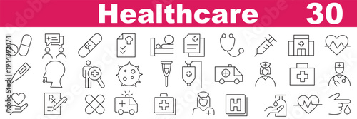Healthcare Medical Line Icons Set with Editable Stroke for Hospital, Doctor, Medicine, and Health Management