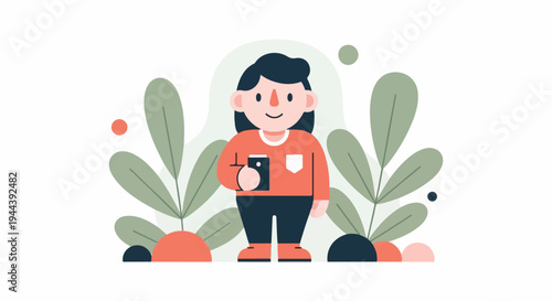 Cartoon individual holding a smartphone amidst stylized plants and organic shapes