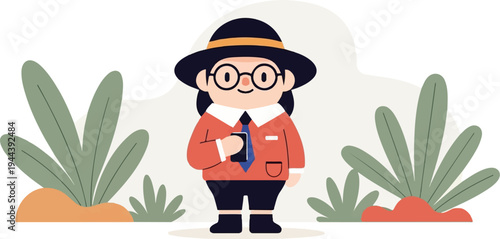 Cartoon character in hat and glasses holding phone near plants