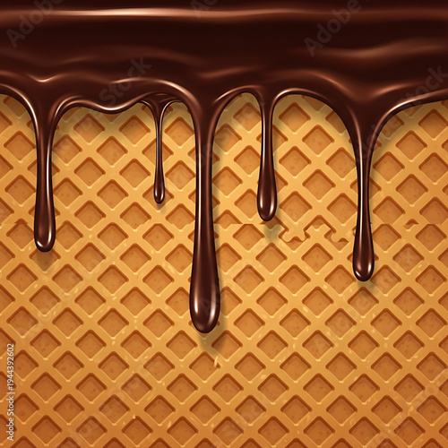 Decadent melted chocolate syrup generously flowing and dripping over a perfectly textured golden brown waffle surface, creating an appetizing background for sweet treats and dessert concepts