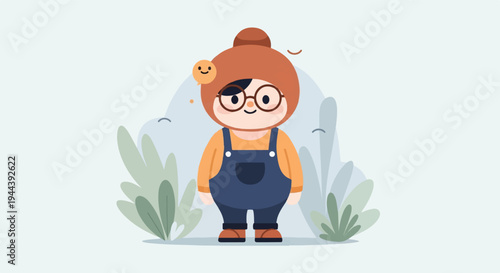 A cheerful, round cartoon character with big glasses wears a hat and overalls