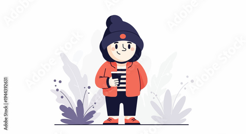 Cheerful character in beanie and jacket holds a striped cup, surrounded by abstract foliage