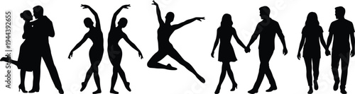 Couple and ballet dancer silhouettes collection, romantic love pairs and graceful dance poses isolated on white background illustration