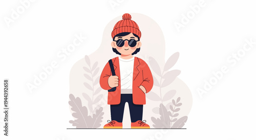 Flat illustration of a person in an orange beanie and jacket, with a sling bag, sunglasses, and plants