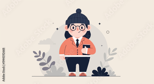 Stylized character in orange jacket, black hat, and glasses holds a book