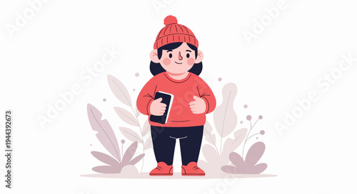 A cartoon child in a red hat and sweater holds a book, standing amidst stylized plants