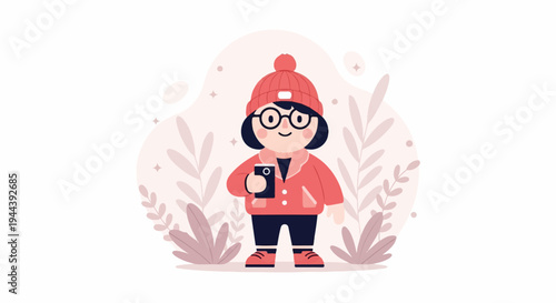 A cute cartoon character in winter attire holds a phone amidst stylized foliage