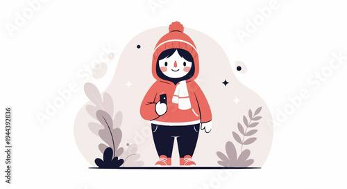 A cute animated character in winter attire, holding a phone, surrounded by abstract shapes and plants