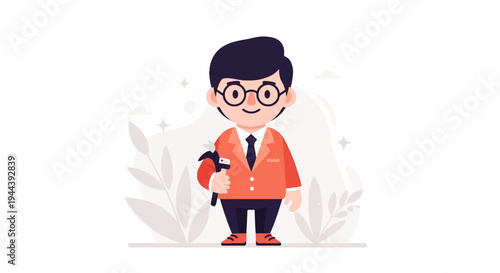 A cartoon man in a suit holds a hammer and is surrounded by abstract plant shapes