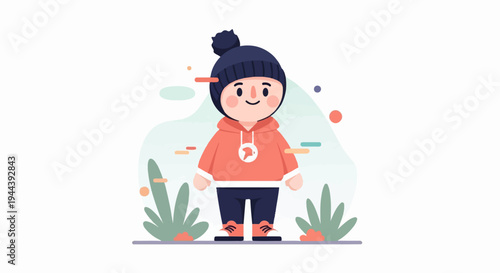 Cheerful cartoon child in winter attire standing outdoors with abstract elements