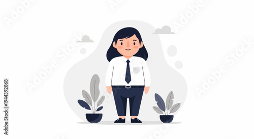 A stylized character in a white shirt, dark tie, and navy pants stands between potted plants