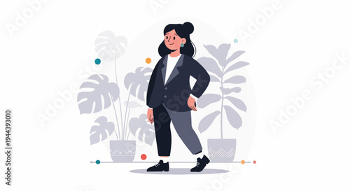 Stylized woman in a suit stands among large houseplants