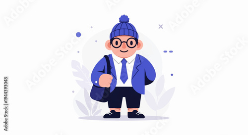 Cartoon figure with glasses, blue hat, suit, tie, and bag, standing