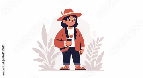 A person wearing a hat and glasses holds a cup amidst stylized foliage