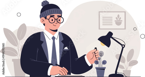 A man wearing a beanie and glasses, dressed in a suit, sits at a desk with a lamp and plants