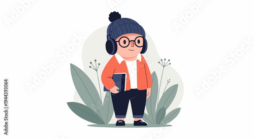 Cute character in winter clothes with headphones holding a book amidst foliage