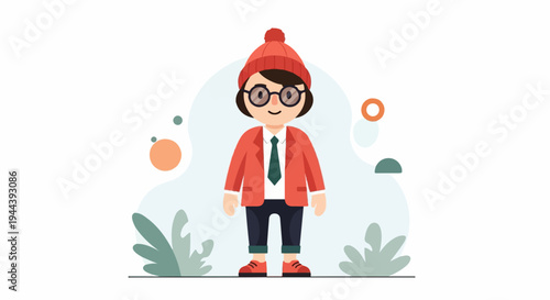 Flat design illustration of a stylized person in a red beanie and jacket