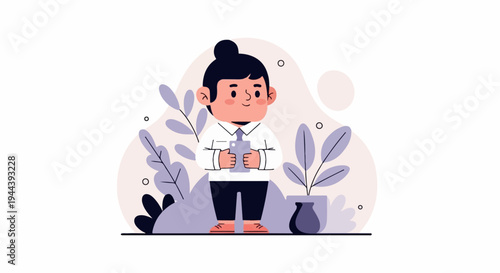 Cheerful person in professional attire holds a device, surrounded by plants