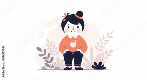 A cartoon child with dark hair styled in a bun, wearing a coral shirt with a circular emblem and dark pants