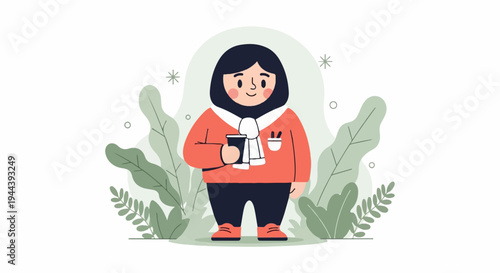 Stylized person in scarf holding a cup, with plants and snowflakes