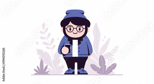 A cartoon figure wearing a beanie, glasses, and a blue jacket holds a phone amidst stylized foliage
