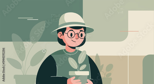 A smiling person wearing glasses and a hat holds a potted plant, surrounded by foliage