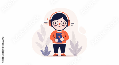 A child wearing headphones and glasses, holding a book and standing near plants