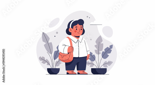 A person in a white shirt and dark pants carries a satchel, standing between potted plants