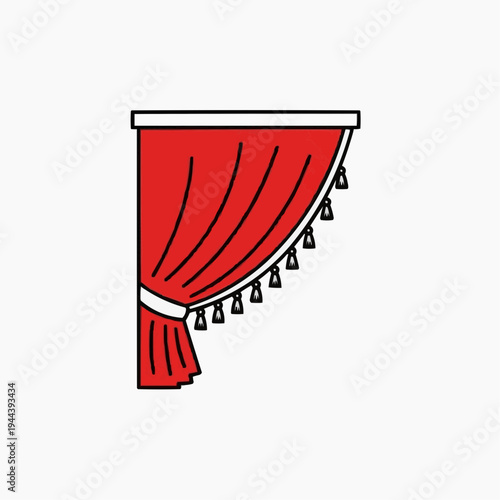 Red decorative curtain with tassels hanging from the rod  