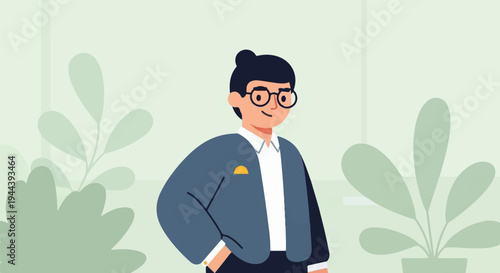 Stylized cartoon figure in a suit stands confidently near potted plants in a room
